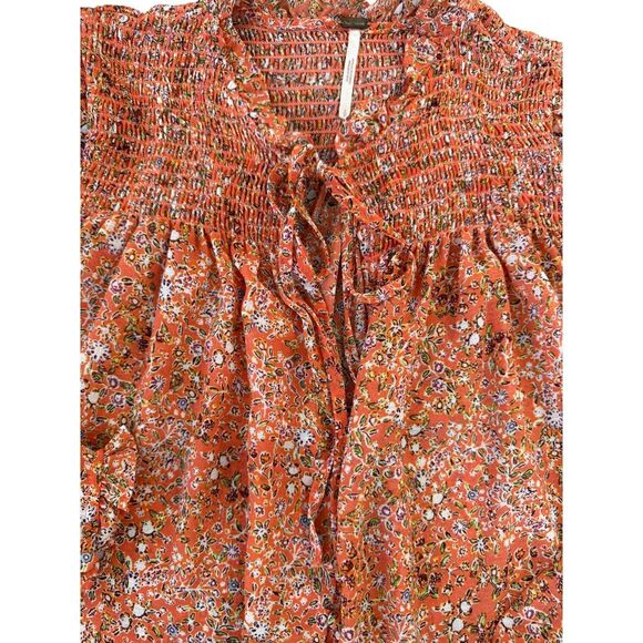 Free‎ People Romantic Feminine Ditsy Coral Ruffled Puff Sleeve Boho Blouse - Picture 10 of 13